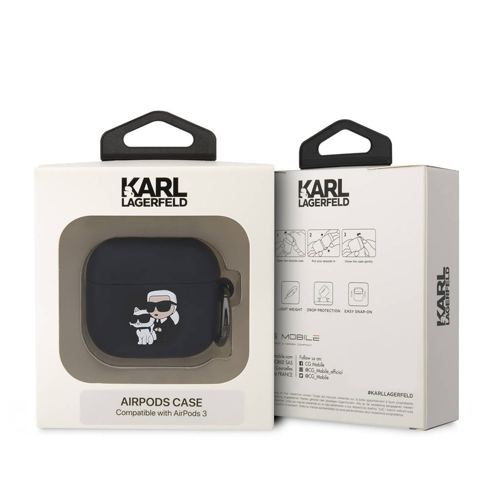 Apple Airpods 3. Nesil Kılıf Karl Lagerfeld Orjinal Lisanslı Karl & Choupette 3D Silikon Kapak Siyah
