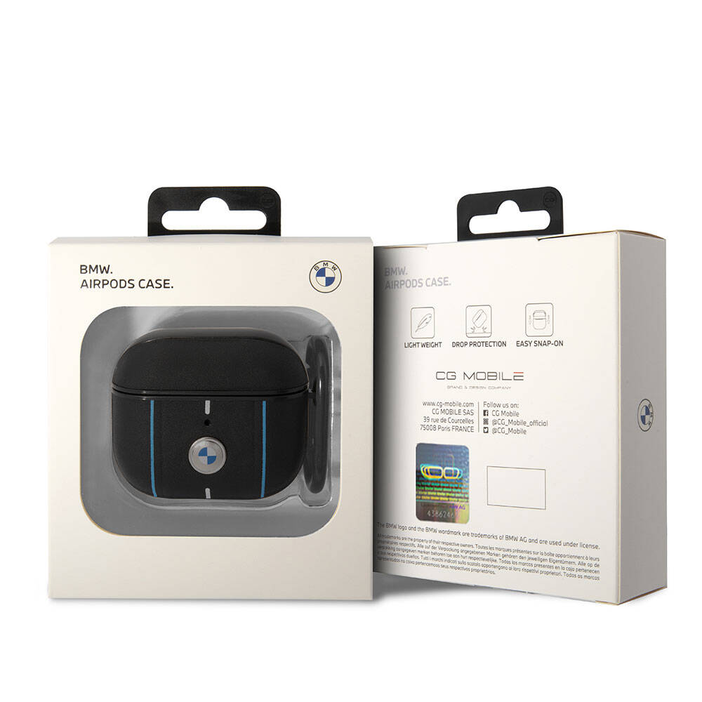 Apple Airpods 3.Nesil Kılıf BMW Orjinal Lisanslı PU Deri Mavi Beyaz Çizgili Metal Logolu Kapak Siyah