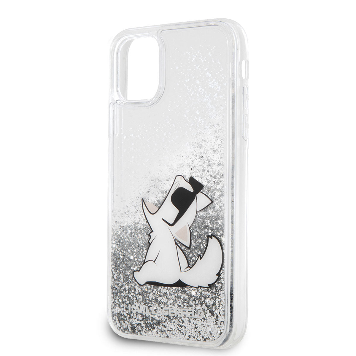 Apple iPhone 11 Kılıf Karl Lagerfeld Sıvılı Simli Choupette Fun Dizayn Kapak Gümüş