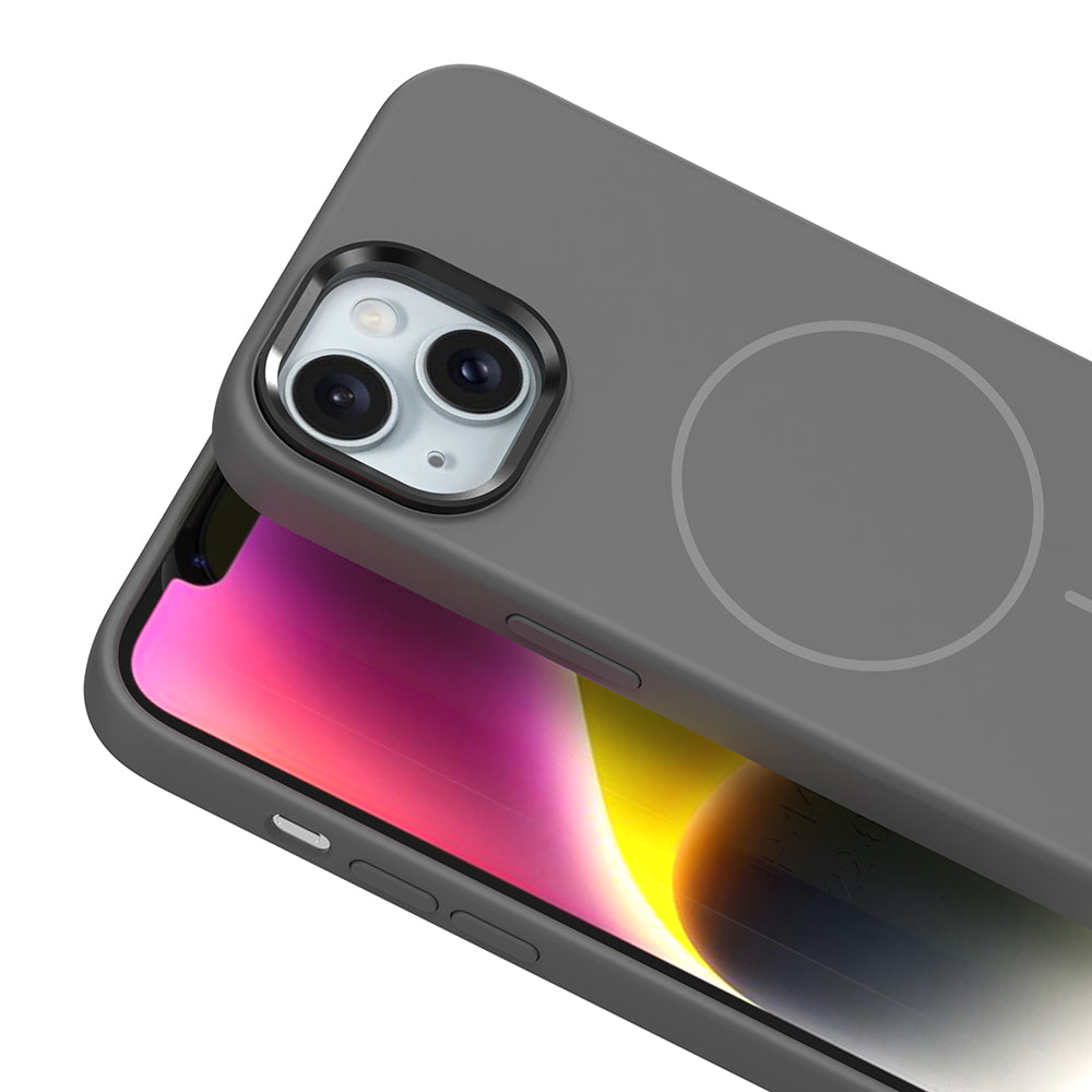 Apple iPhone 13 Kılıf M-Safe Şarj Özellikli Metal Kamera Çerçeveli Zore Edi Silikon Kapak Koyu Gri