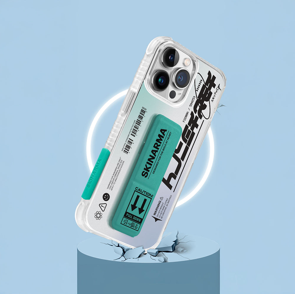 Apple iPhone 13 Kılıf Skinarma Şeffaf Desenli Airbag Tasarımlı Standlı Hakko Kapak Turkuaz