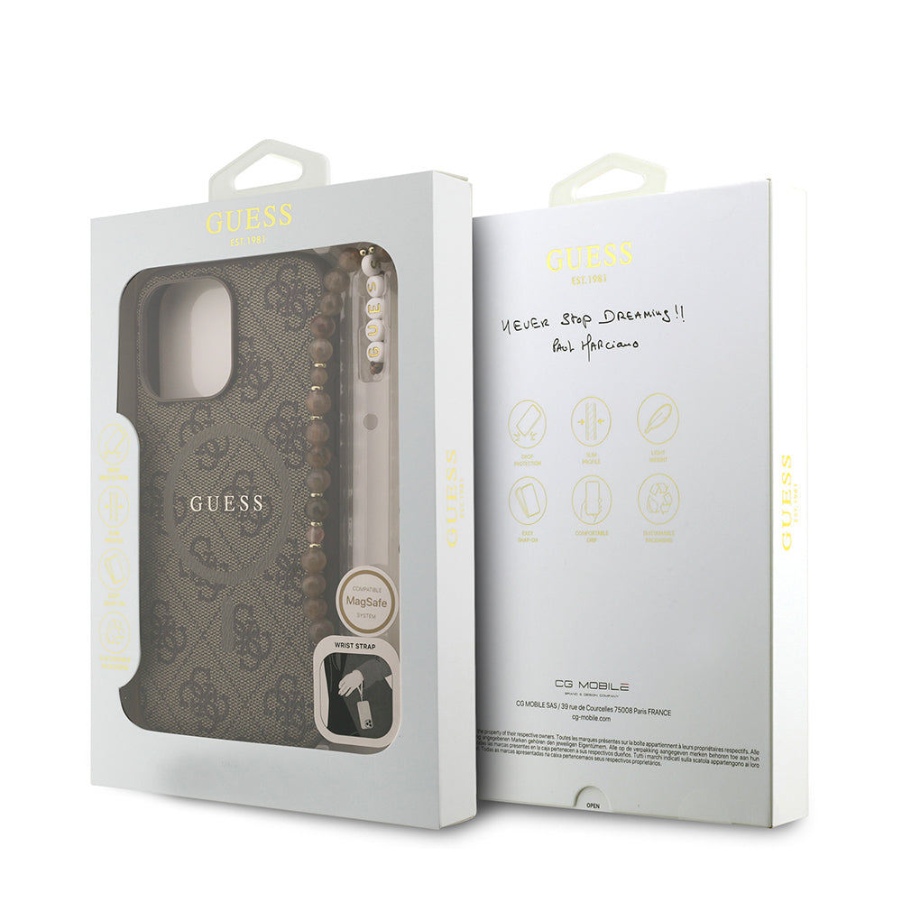 Apple iPhone 13 Pro Max Kılıf Guess Orjinal Lisanslı M-safe Şarj Özellikli PU Deri Bilek Askı İpli Yazı Logolu Kapak Kahverengi