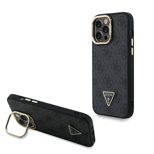 Apple iPhone 13 Pro Max Kılıf Guess Orjinal Lisanslı PU Deri Taşlı Üçgen Logo 4G Desenli Kamera Standlı Kapak Pembe