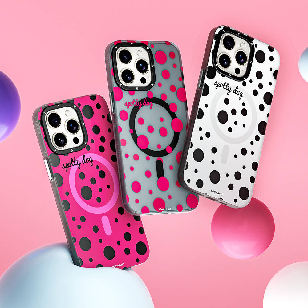 Apple iPhone 13 Pro Max Kılıf M-safe Şarj Özellikli Polka Dot Desenli Youngkit Spots Serisi Kapak Gri