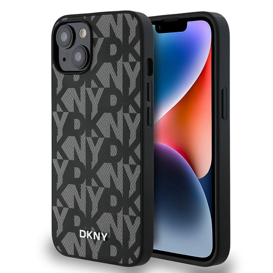 Apple iPhone 14 Kılıf DKNY Orjinal Lisanslı M-safe Şarj Özellikli 3D Yazılı Grid Pattern Kapak Kahverengi