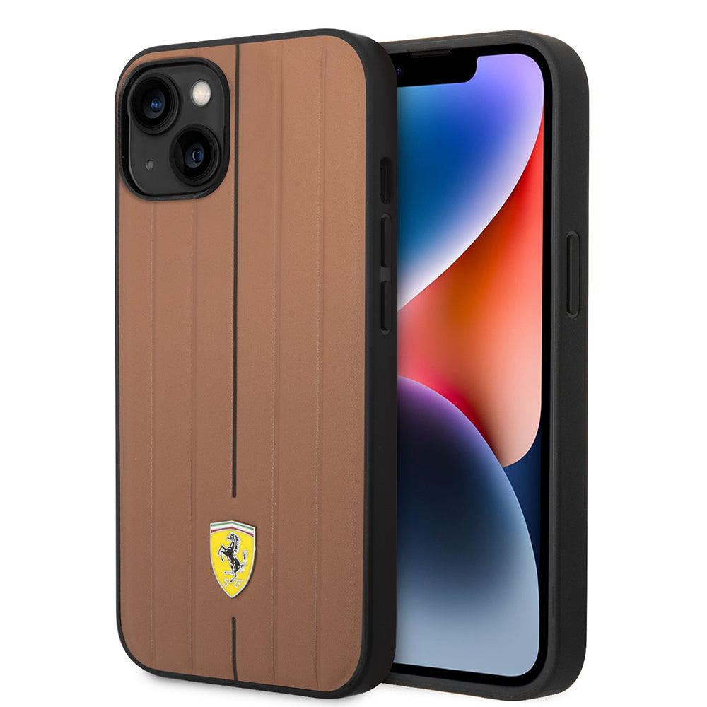 Apple iPhone 14 Kılıf Ferrari Orjinal Lisanslı Deri Arka Yüzey Metal Logolu Şerit Tasarımlı Kapak