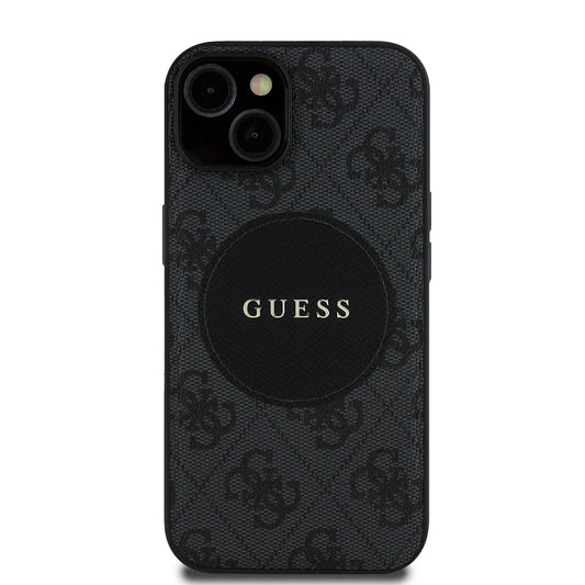 Apple iPhone 14 Kılıf Guess Orjinal Lisanslı M-safe Şarj Özellikli Yazı Logolu Circle Classic Kapak Siyah