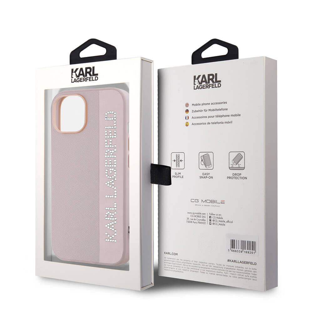 Apple iPhone 14 Kılıf Karl Lagerfeld Orjinal Lisanslı Anahtarlıklı Taşlı KL Yazılı Saffiano Rhinestones Kapak Pembe