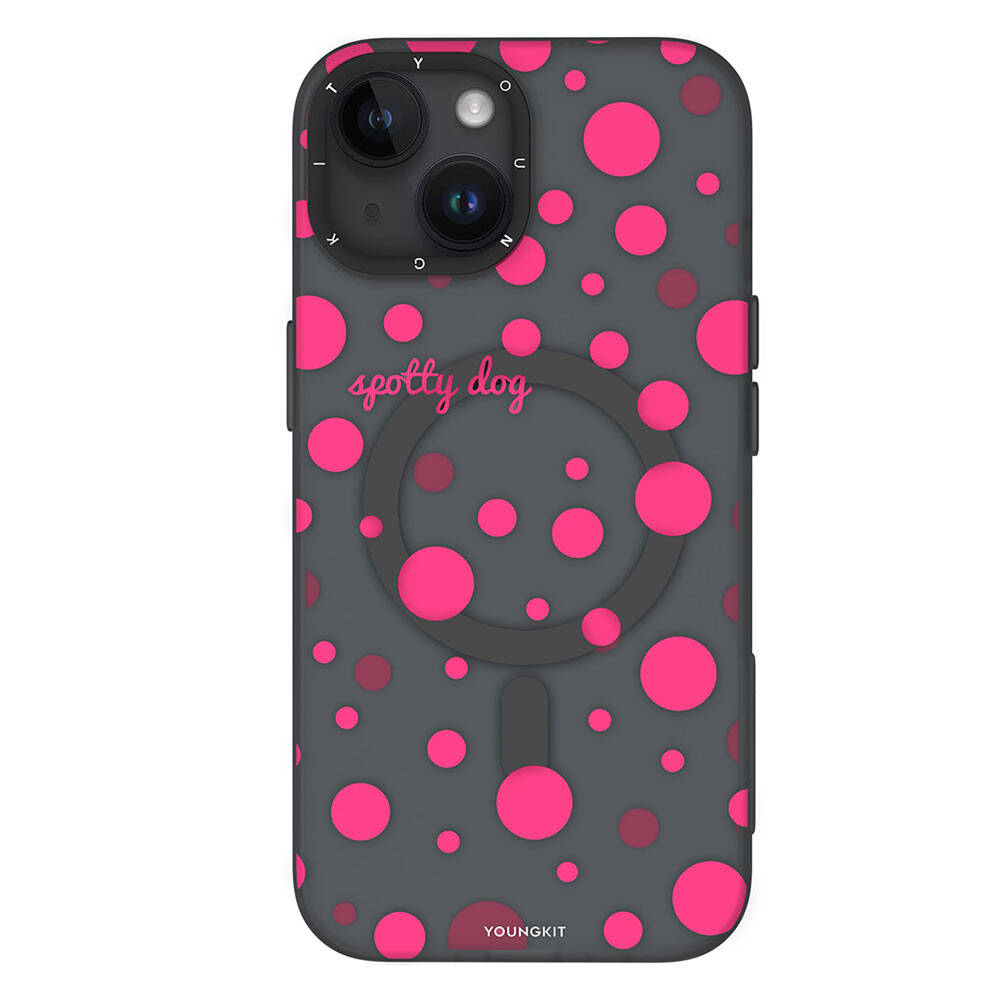 Apple iPhone 14 Kılıf M-safe Şarj Özellikli Polka Dot Desenli Youngkit Spots Serisi Kapak Beyaz