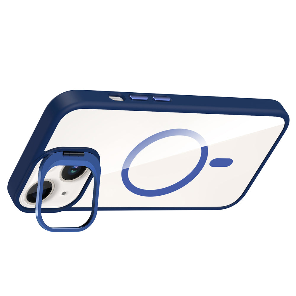 Apple iPhone 14 Kılıf Standlı ve Kamera Lens Hediyeli M-Safe Şarj Özellikli Zore Etro Kapak Lacivert