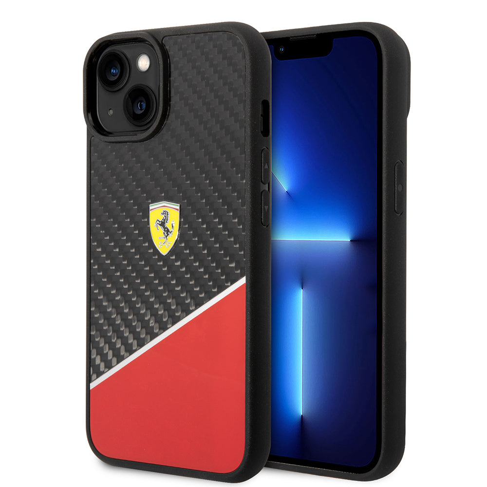 Apple iPhone 14 Plus Kılıf Ferrari Orjinal Lisanlı Klasik Metal Logolu Karbon Şerit Desenli Kapak