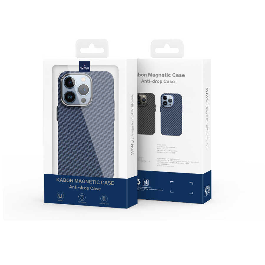 Apple iPhone 14 Plus Kılıf Wiwu Karbon Fiber Görünümlü M-safe Wireless Şarj Özellikli Kabon Kapak Mavi