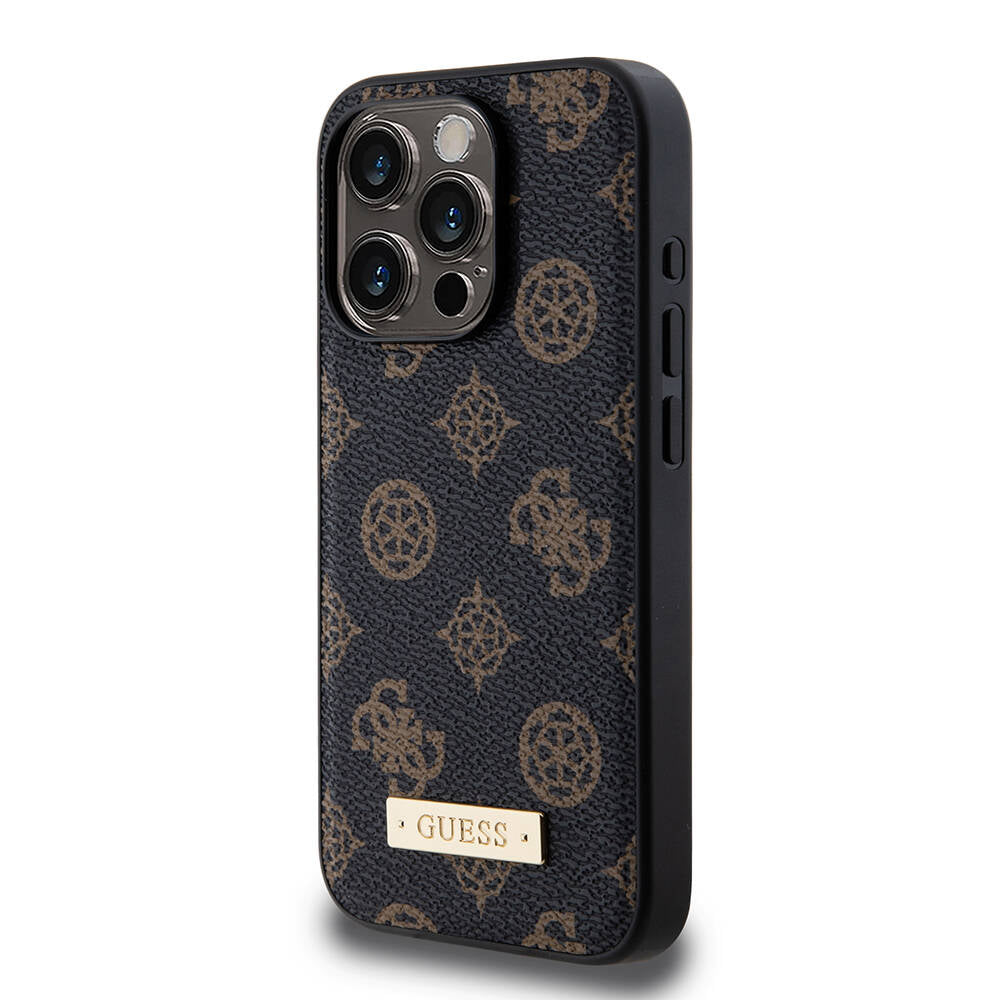 Apple iPhone 14 Pro Kılıf Guess M-safe Şarj Özellikli PU Deri Desenli Metal Plaka Logolu Kapak Siyah