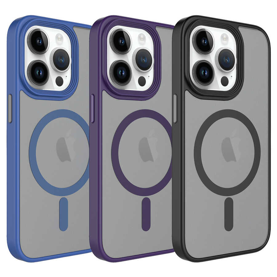 Apple iPhone 14 Pro Kılıf Mat Arka Yüzey Wireless Şarj Özellikli Zore Flet M-safe Kapak Derin Mor