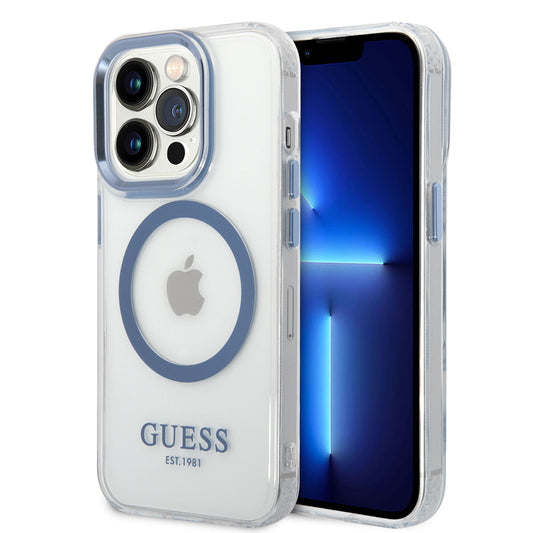 Apple iPhone 14 Pro Max Kılıf GUESS M-safe Şarj Özellikli Metal Kamera Çerçeveli Kapak Mavi
