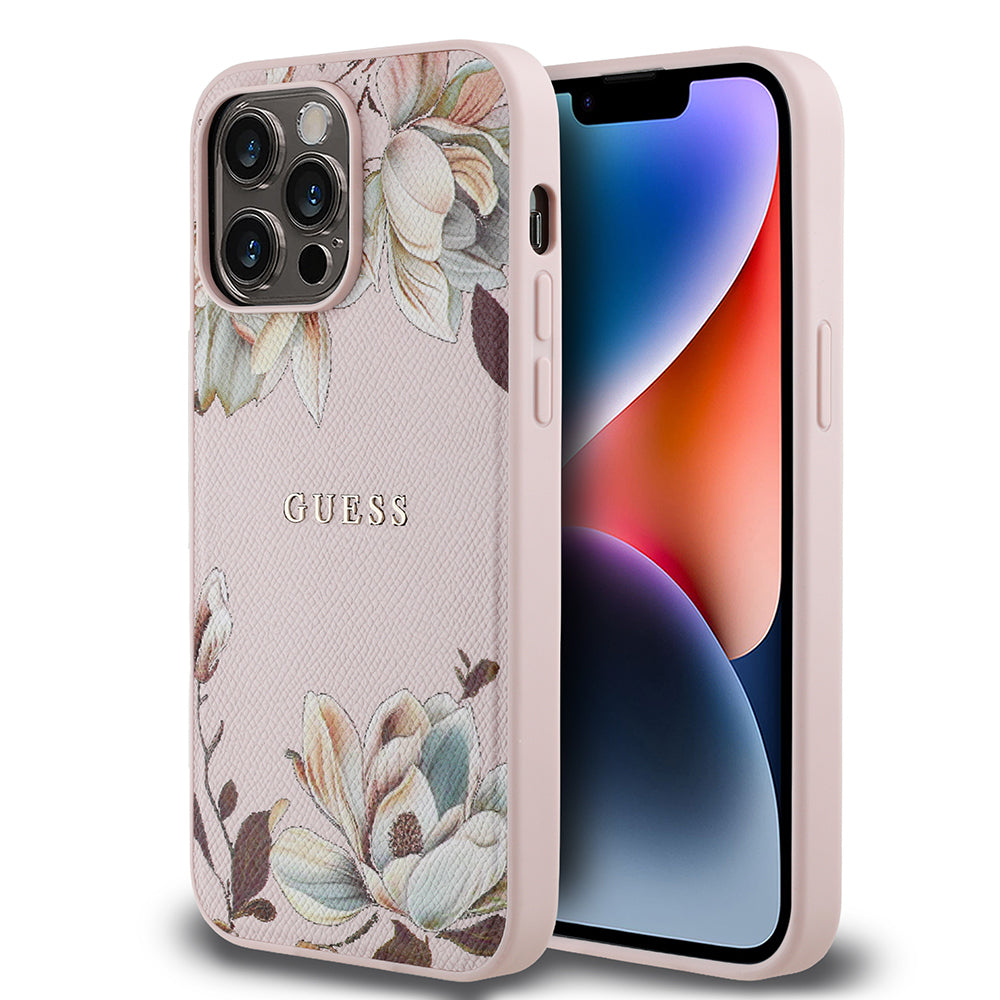 Apple iPhone 14 Pro Max Kılıf Guess Orjinal Lisanslı M-safe Şarj Özellikli Taneli Çiçek Tasarımlı Metal Yazı Logolu Kapak