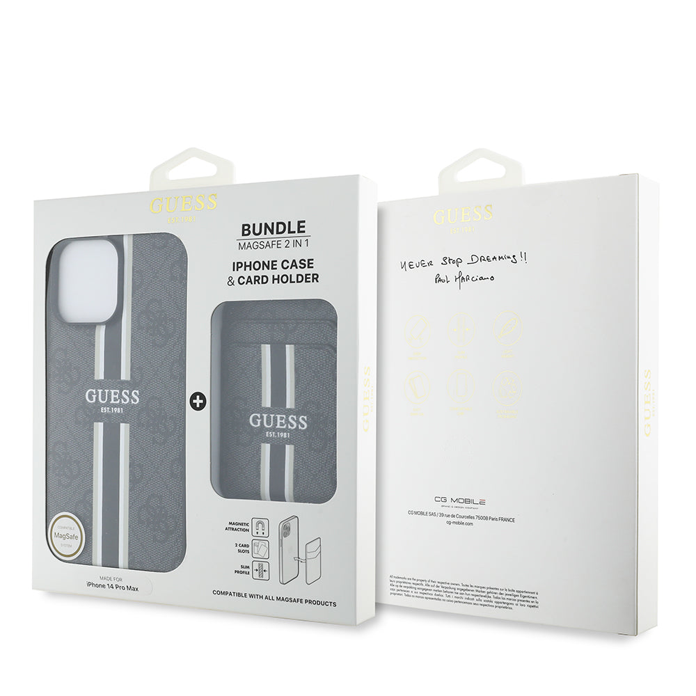 Apple iPhone 14 Pro Max Kılıf Guess Orjinal Lisanslı M-safe Şarj Özellikli 4G Desenli Çizgili Kartlıklı Kapak Siyah