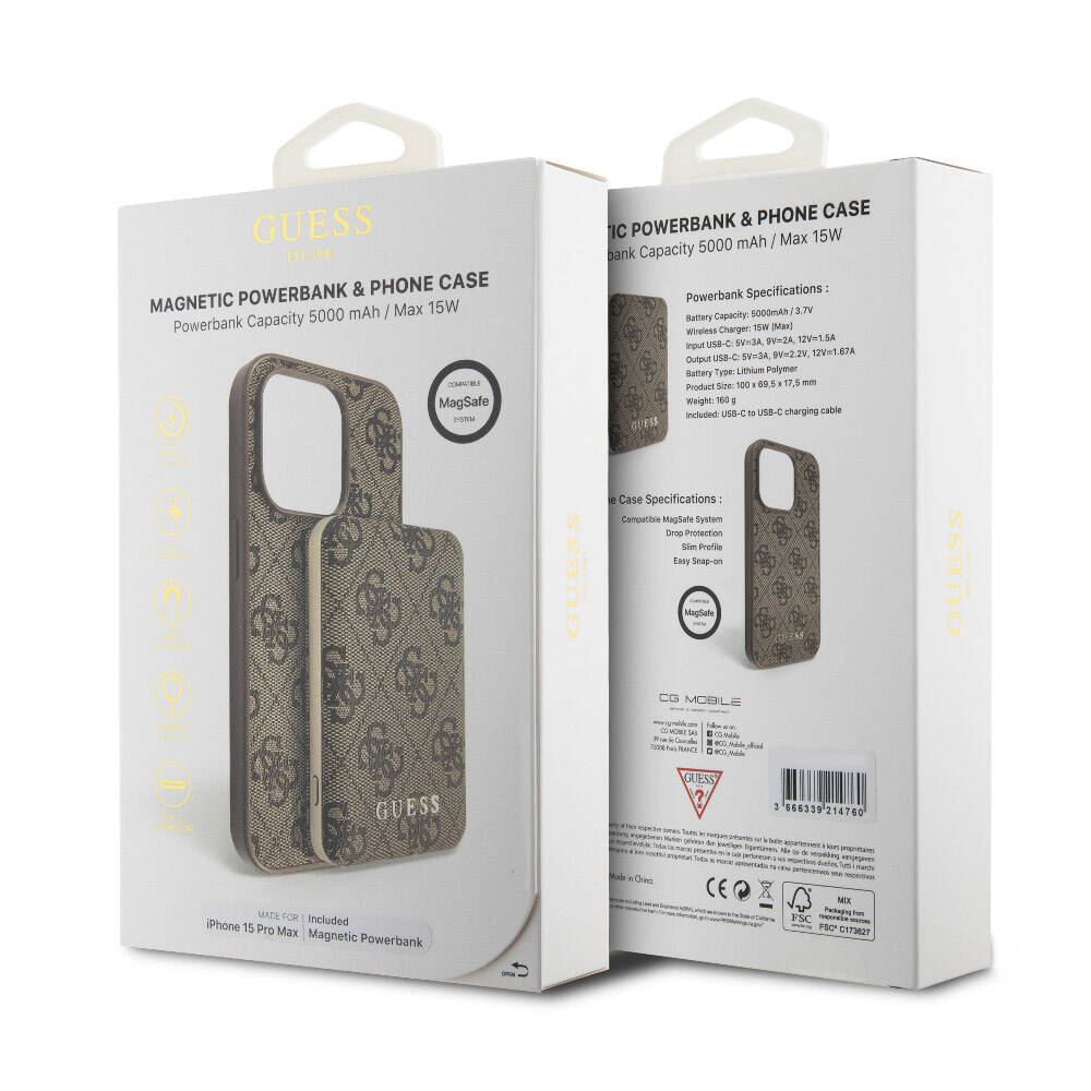 Apple iPhone 14 Pro Max Kılıf Guess Orjinal Lisanslı M-safe Şarj Özellikli Yazı Logolu 4G Desenli Kapak + Powerbank 5000mAh 2in1 Set Kahverengi