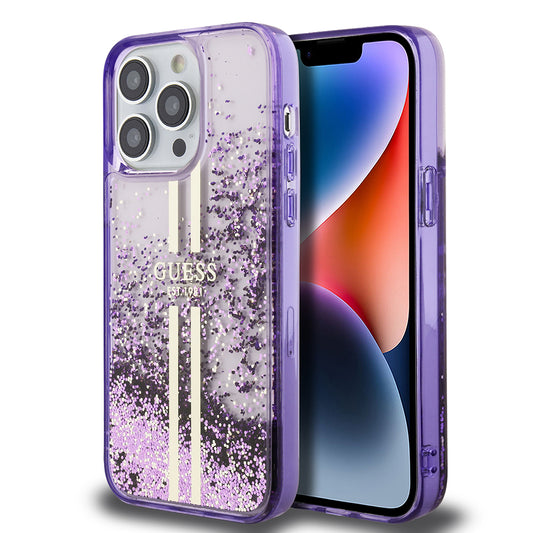 Apple iPhone 14 Pro Max Kılıf Guess Orjinal Lisanslı Transparan Sıvılı Simli Altın Çizgili Kapak Mor