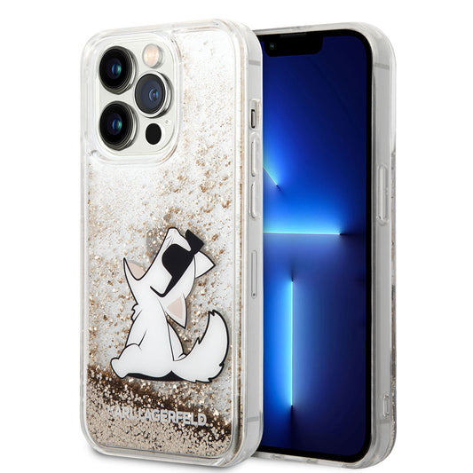 Apple iPhone 14 Pro Max Kılıf Karl Lagerfeld Sıvılı Simli Choupette Dizayn Kapak Gold