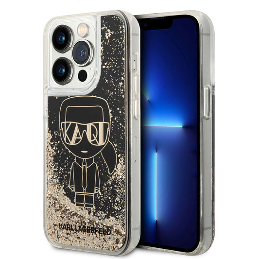 Apple iPhone 14 Pro Max Kılıf Karl Lagerfeld Sıvılı Simli Gatsby Dizayn Kapak Siyah