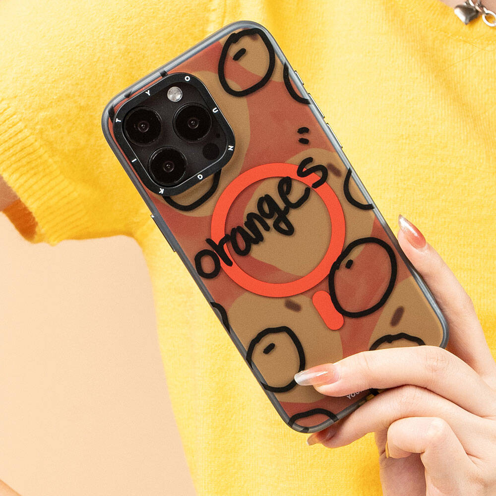 Apple iPhone 14 Pro Max Kılıf M-safe Şarj Özellikli Bee Brown Tasarımlı Youngkit Funny Serisi Kapak Turuncu