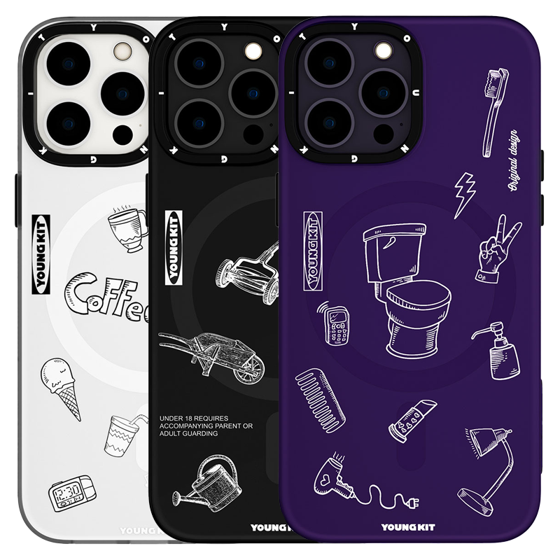 Apple iPhone 14 Pro Max Kılıf M-safe Şarj Özellikli Desenli Youngkit Plaything Serisi Kapak Beyaz