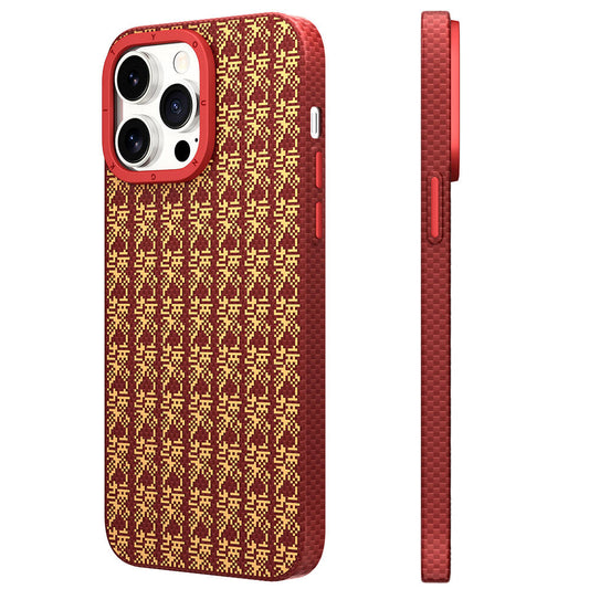 Apple iPhone 14 Pro Max Kılıf M-safe Şarj Özellikli Kevlar 1500D Youngkit Auspicious Loong Serisi Kapak Kırmızı