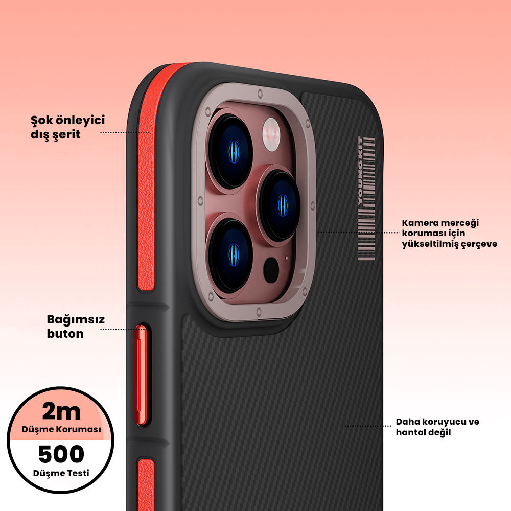 Apple iPhone 14 Pro Max Kılıf M-safe Şarj Özellikli YoungKit 600D Kevlar Kapak Siyah