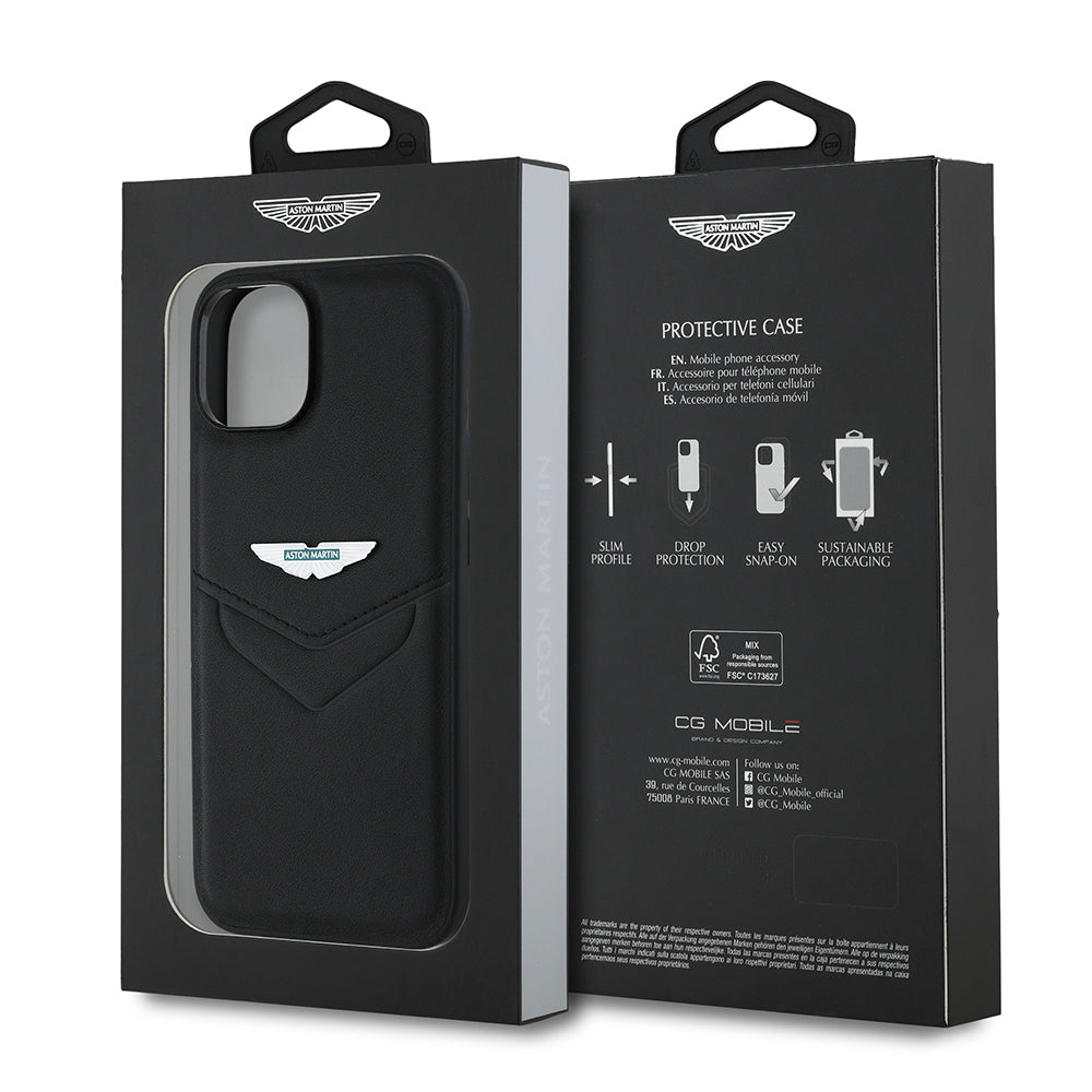 Apple iPhone 15 Kılıf Aston Martin Orjinal Lisanslı Victory Dizayn PU Deri Metal Logolu Kapak Siyah