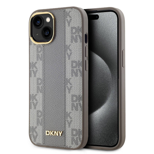 Apple iPhone 15 Kılıf DKNY Orjinal Lisanslı M-safe Şarj Özellikli 3D Yazılı Checkered Pattern Kapak Siyah