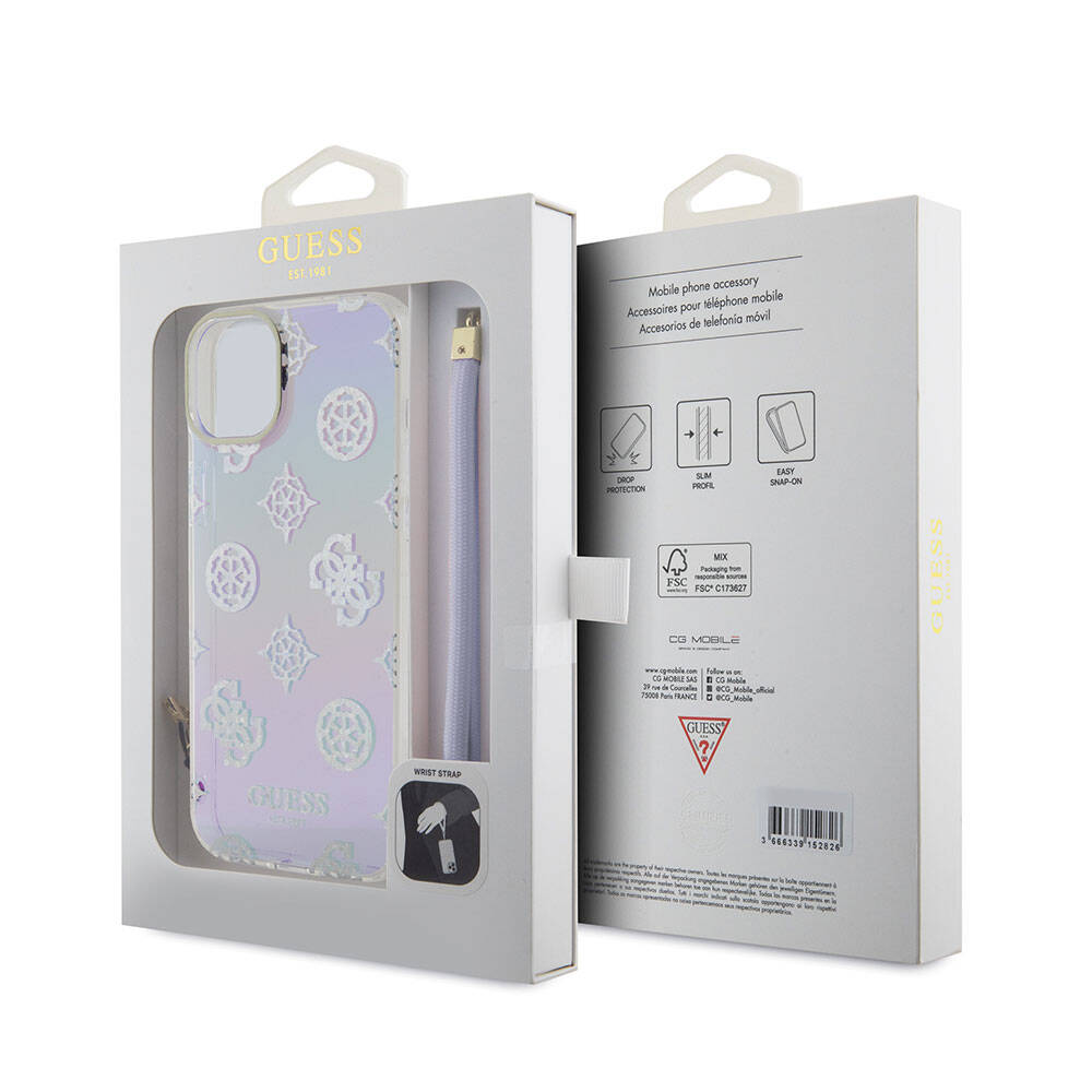 Apple iPhone 15 Kılıf Guess Orjinal Lisanslı Desenli Yazı Logolu Askı İpli Holografik Glitter Peony Kapak Mor