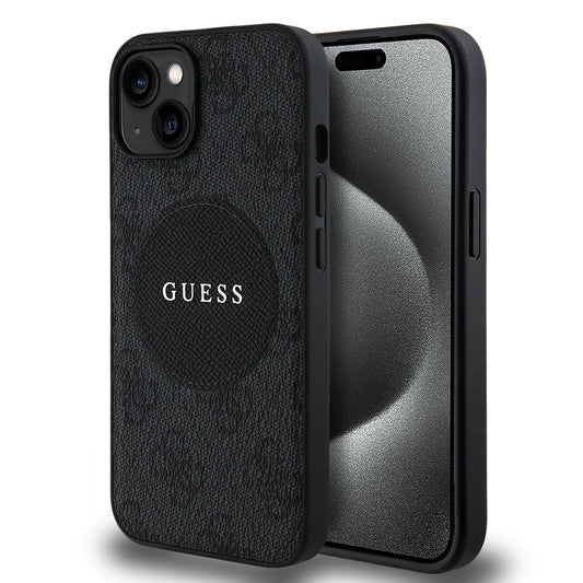 Apple iPhone 15 Kılıf Guess Orjinal Lisanslı M-safe Şarj Özellikli Yazı Logolu Circle Classic Kapak Kahverengi
