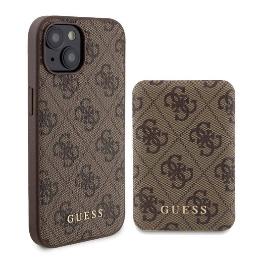 Apple iPhone 15 Kılıf Guess Orjinal Lisanslı M-safe Şarj Özellikli Yazı Logolu 4G Desenli Kapak + Powerbank 5000mAh 2in1 Set Kahverengi