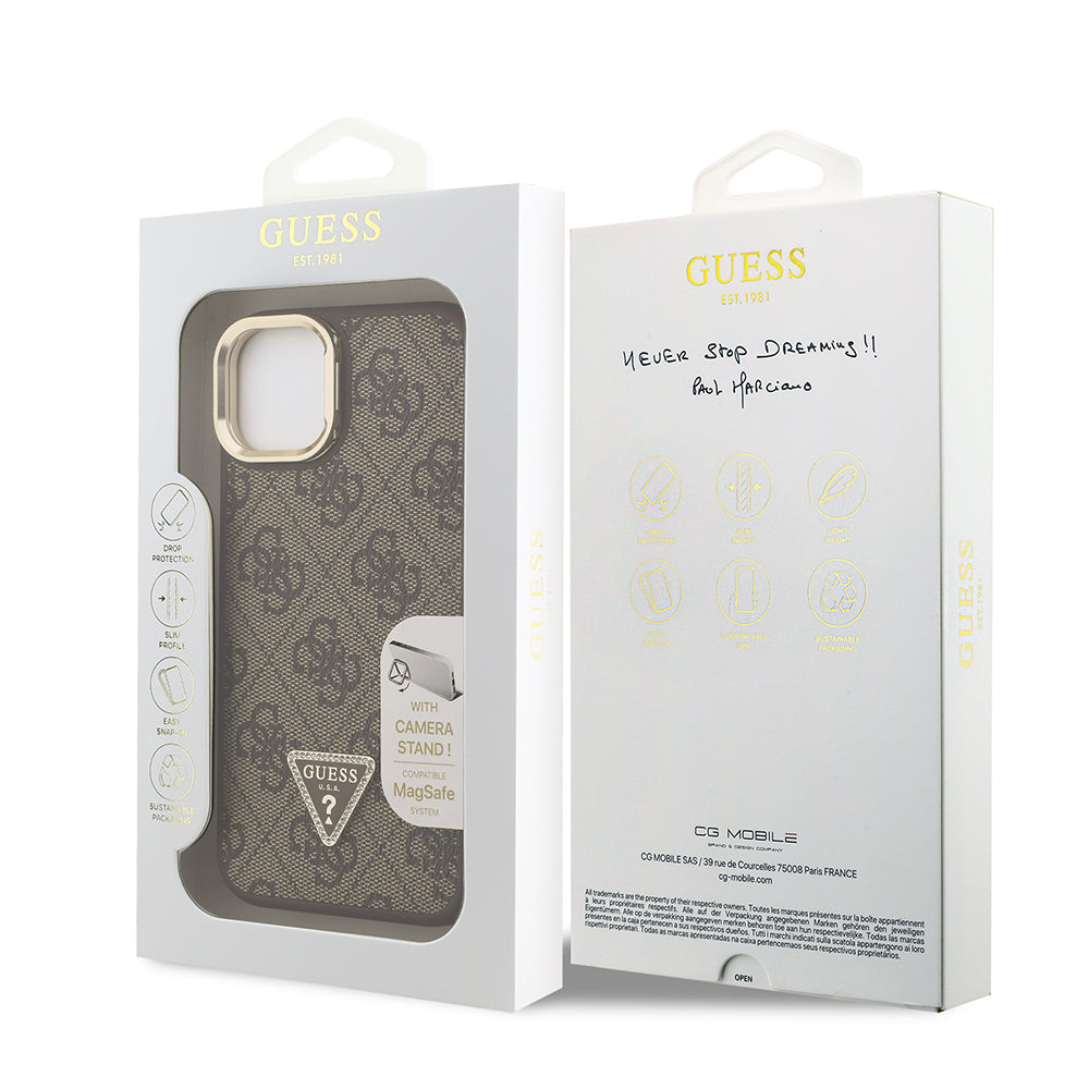 Apple iPhone 15 Kılıf Guess Orjinal Lisanslı PU Deri Taşlı Üçgen Logo 4G Desenli Kamera Standlı Kapak Pembe