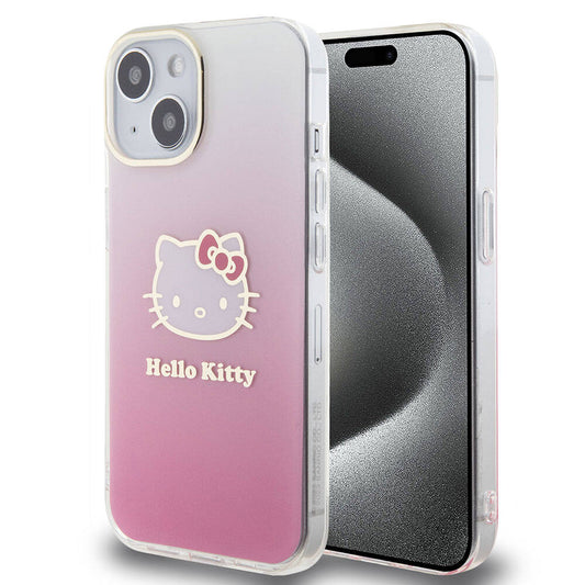 Apple iPhone 15 Kılıf Hello Kitty Orjinal Lisanslı Yazı ve İkonik Logolu Elektroplating Kaplama Gradyan Kapak Pembe