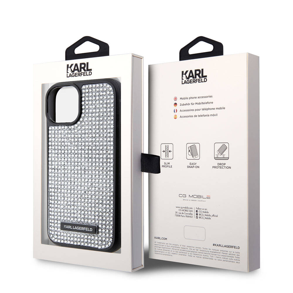 Apple iPhone 15 Kılıf Karl Lagerfeld Taşlı Metal Logo Orjinal Lisanslı Kapak Gümüş
