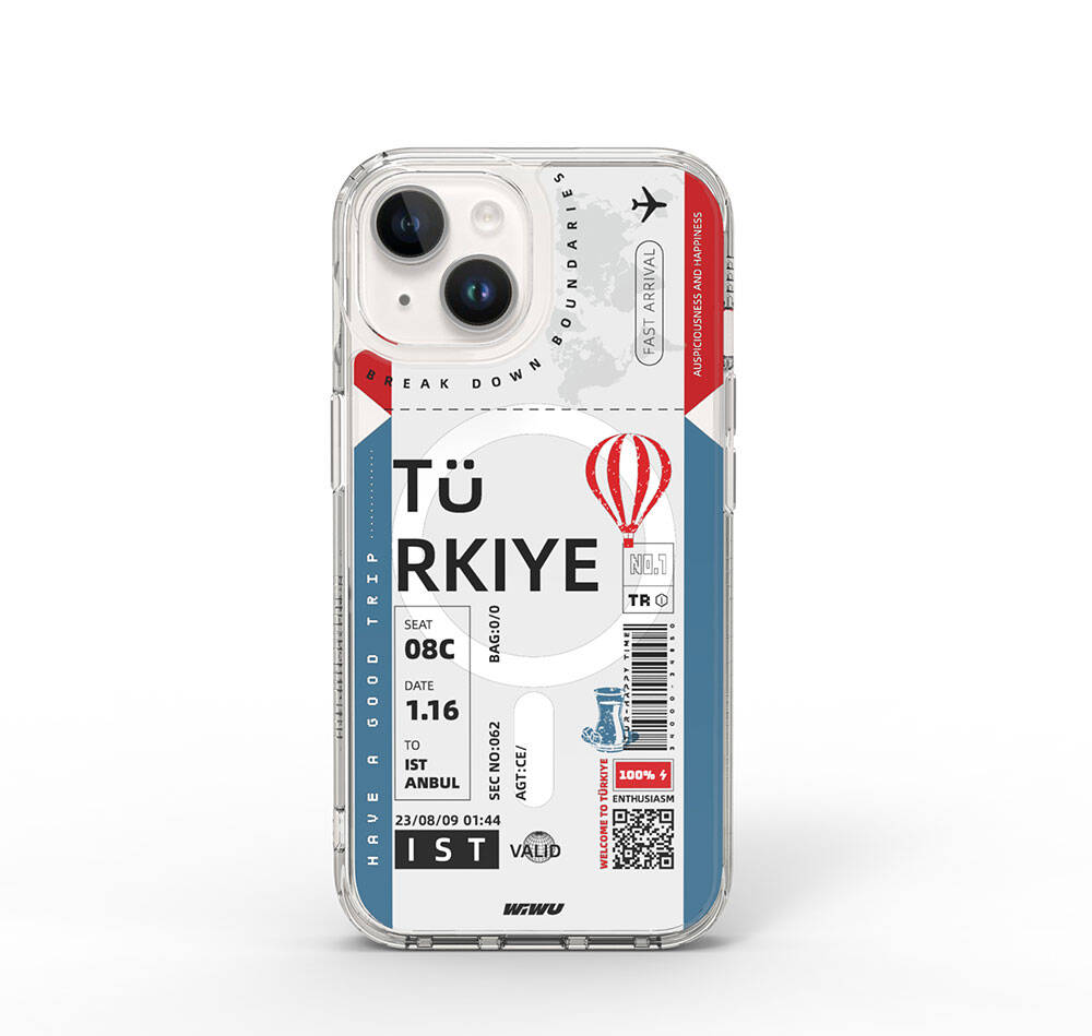 Apple iPhone 15 Kılıf M-safe Şarj Özellikli Bilet Desenli Wiwu Turkey B Serisi Kapak Mavi