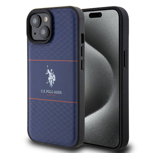 Apple iPhone 15 Kılıf U.S. Polo Assn. Orjinal Lisanslı Deri Şeritli Logo Dizayn Kapak Lacivert