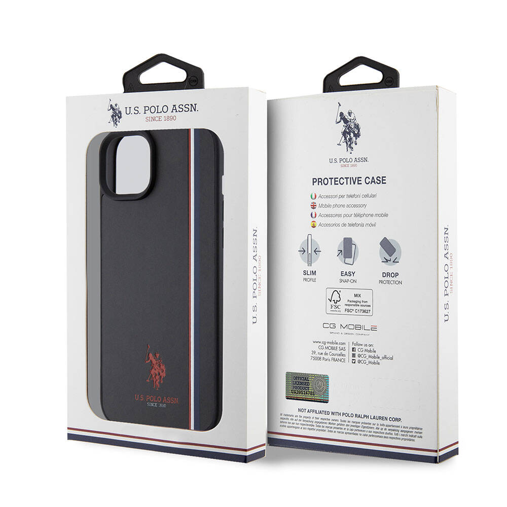 Apple iPhone 15 Kılıf U.S. Polo Assn. Orjinal Lisanslı Üç Renk Şerit Tasarımlı Baskı Logolu Kapak Siyah
