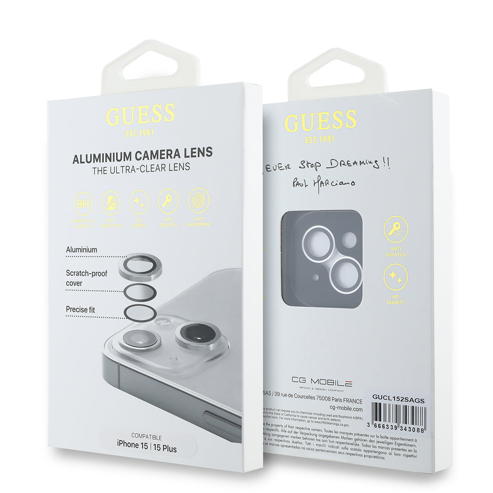 Apple iPhone 15 Plus Guess Orjinal Lisanslı Metal Kamera Lens Koruyucu Gümüş