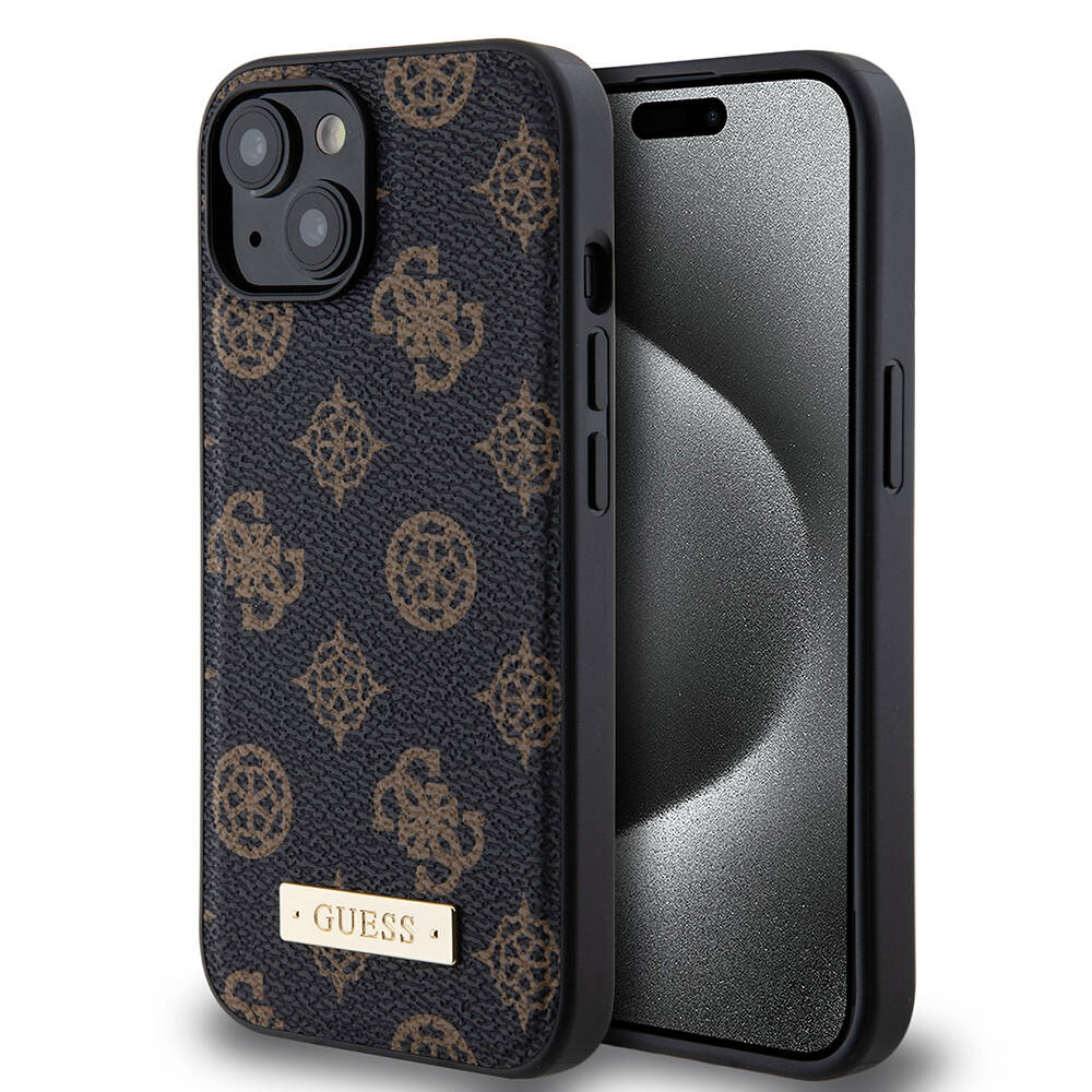 Apple iPhone 15 Plus Kılıf Guess M-safe Şarj Özellikli PU Deri Desenli Metal Plaka Logolu Kapak