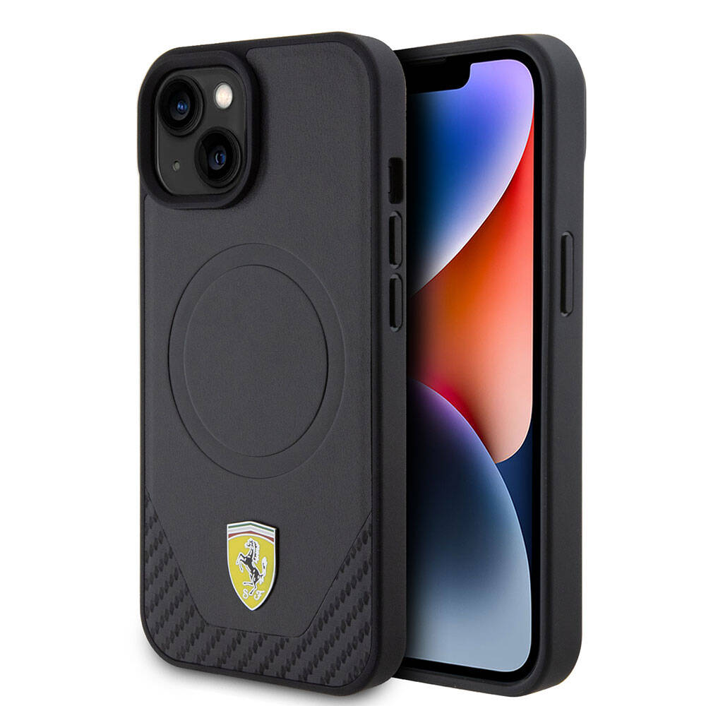 Apple iPhone 15 Plus Kılıf Ferrari Orjinal Lisanslı M-safe Şarj Özellikli Metal Logolu PU Karbon Kapak