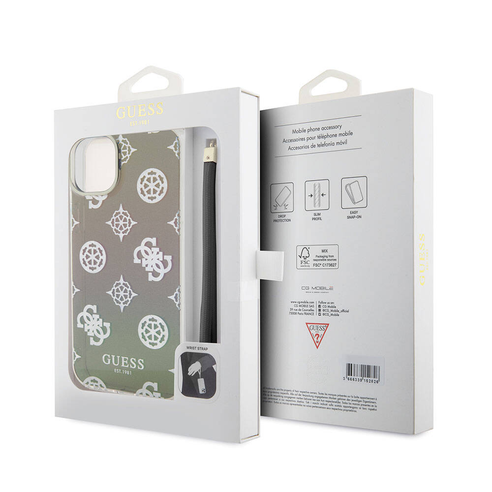 Apple iPhone 15 Plus Kılıf Guess Orjinal Lisanslı Desenli Yazı Logolu Askı İpli Holografik Glitter Peony Kapak Siyah