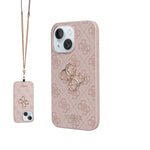 Apple iPhone 15 Plus Kılıf Guess Orjinal Lisanslı PU Deri 4G Büyük Metal Logolu Çapraz Vücut Askılı Kapak Pembe