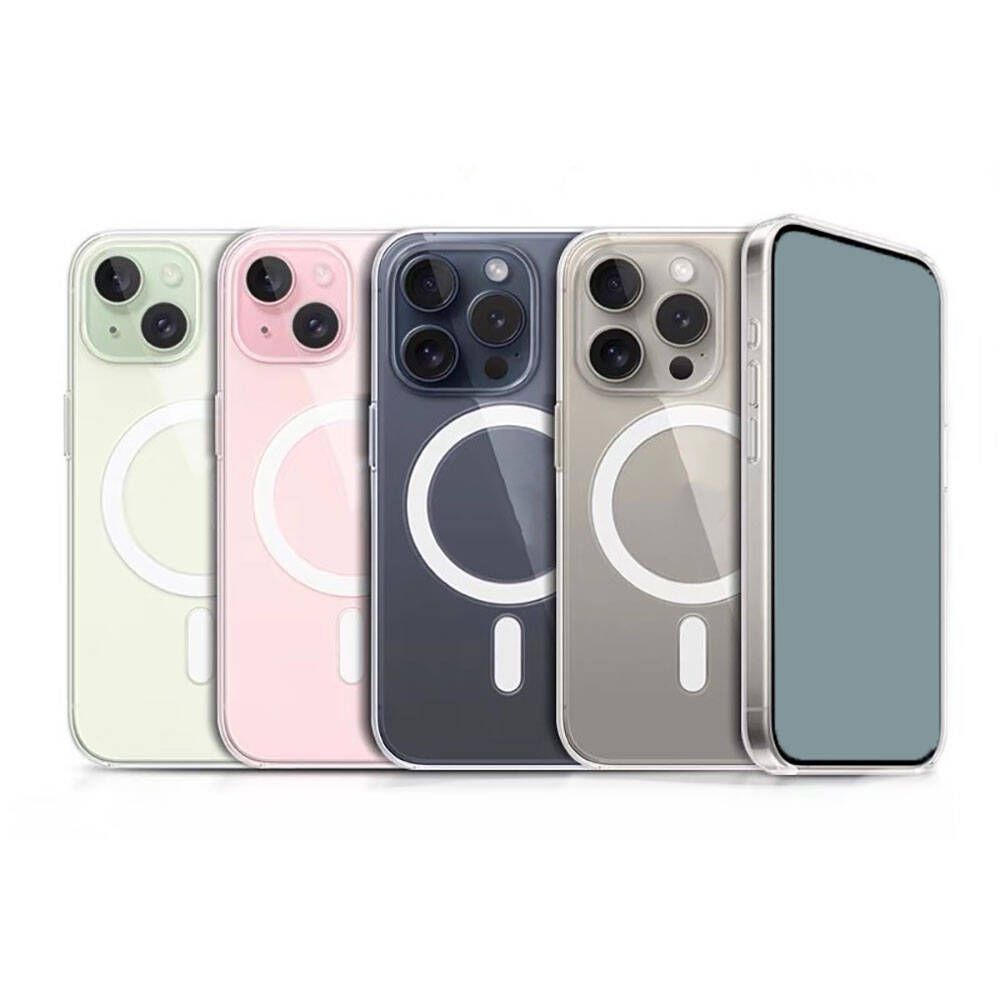 Apple iPhone 15 Plus Kılıf M-safe Şarj Özellikli Şeffaf Sert PC Zore Embos Kapak Renksiz