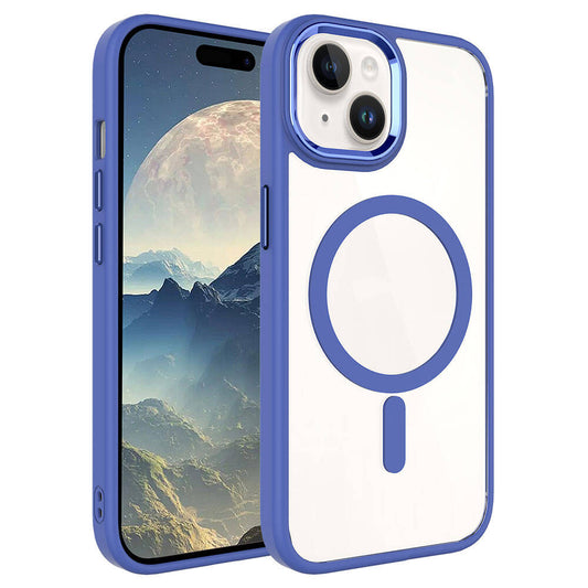 Apple iPhone 15 Plus Kılıf Wireless Şarj Özellikli Zore Krom M-safe Silikon Kapak Mavi