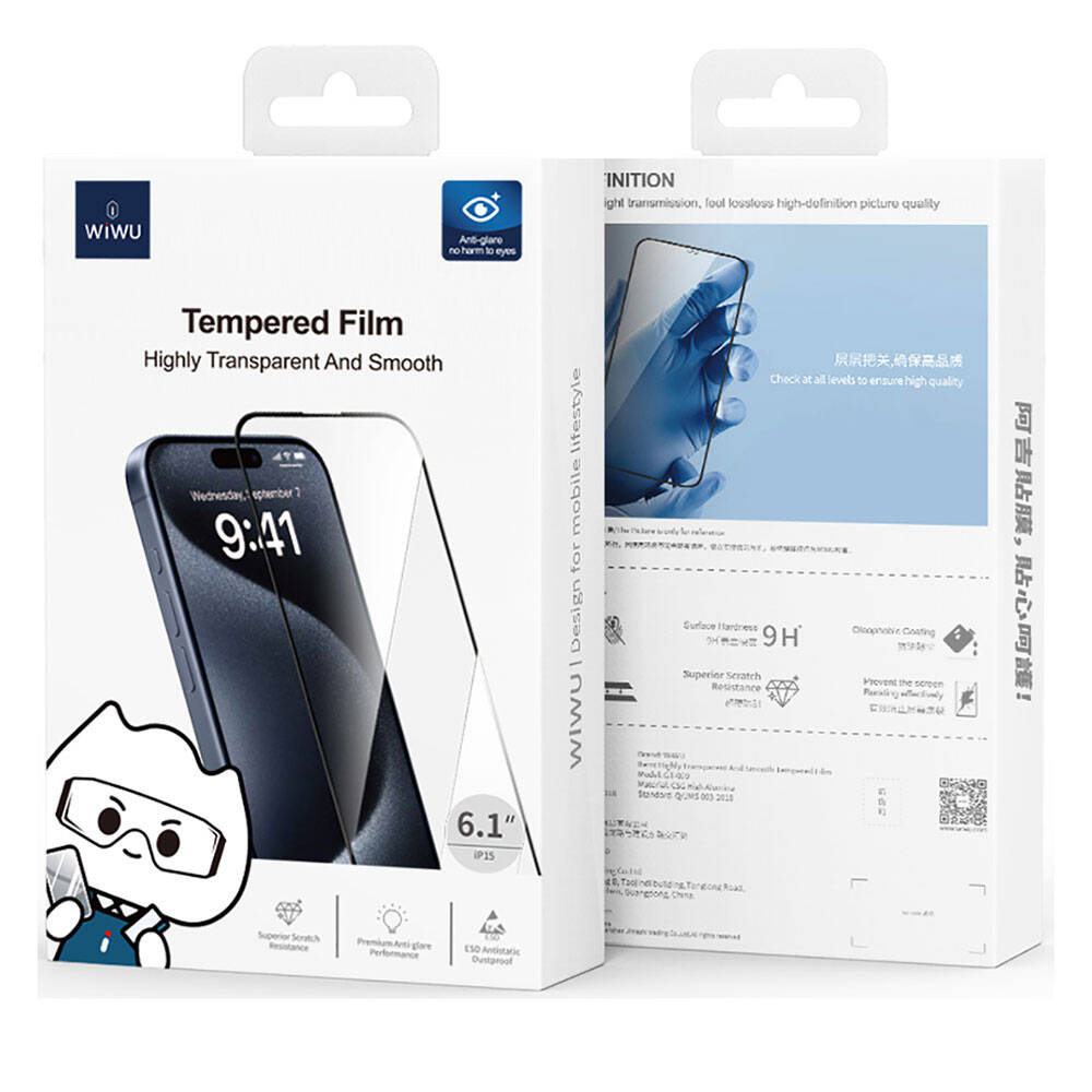 Apple iPhone 15 Plus Wiwu GT-009 Polimer Oleofobik Kaplama Şeffaf Pürüzsüz Temperli Cam Ekran Koruyucu Siyah