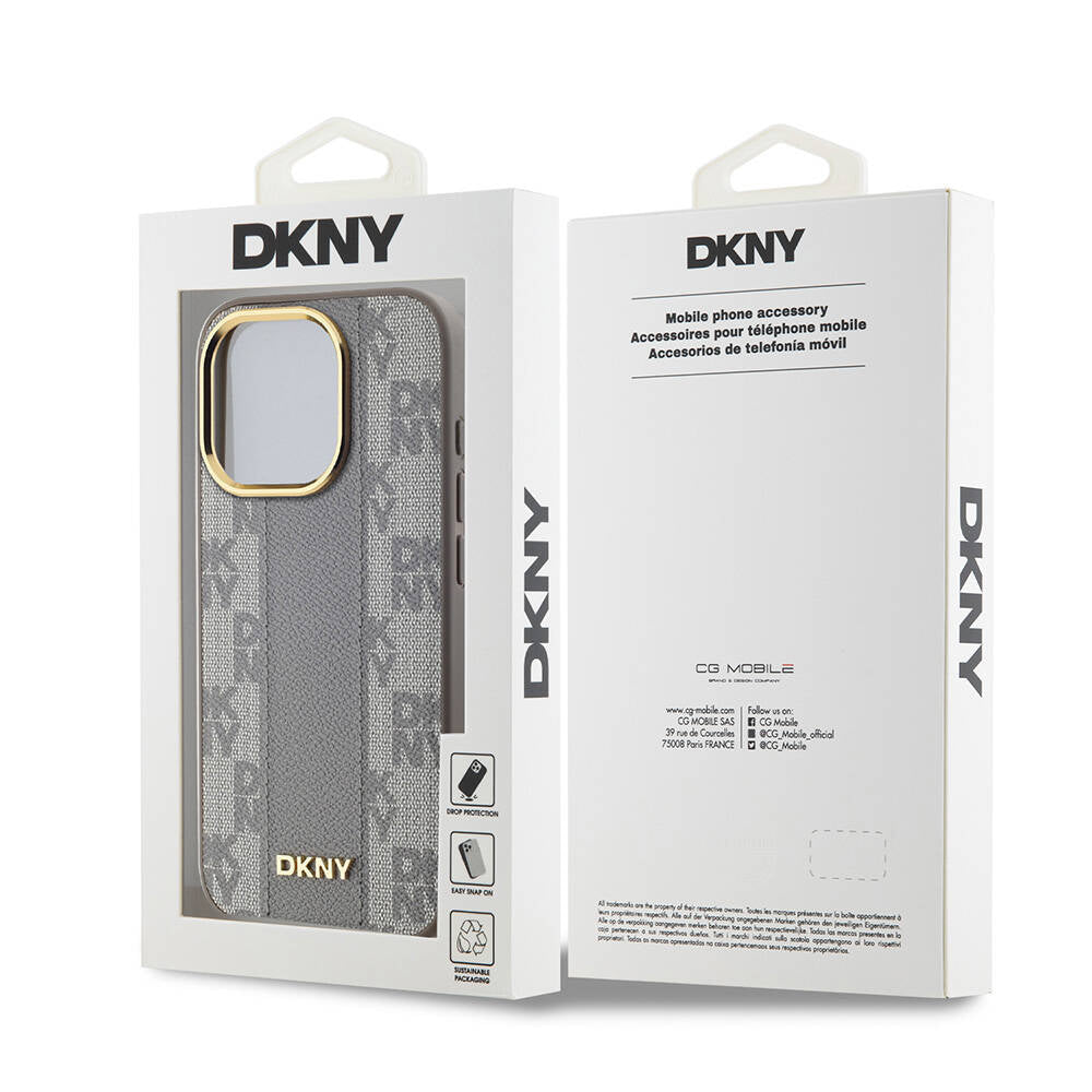 Apple iPhone 15 Pro Kılıf DKNY Orjinal Lisanslı M-safe Şarj Özellikli 3D Yazılı Checkered Pattern Kapak Krem