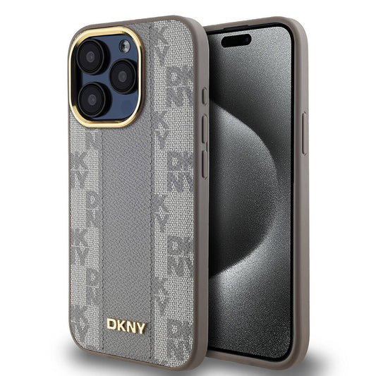 Apple iPhone 15 Pro Kılıf DKNY Orjinal Lisanslı M-safe Şarj Özellikli 3D Yazılı Checkered Pattern Kapak Siyah